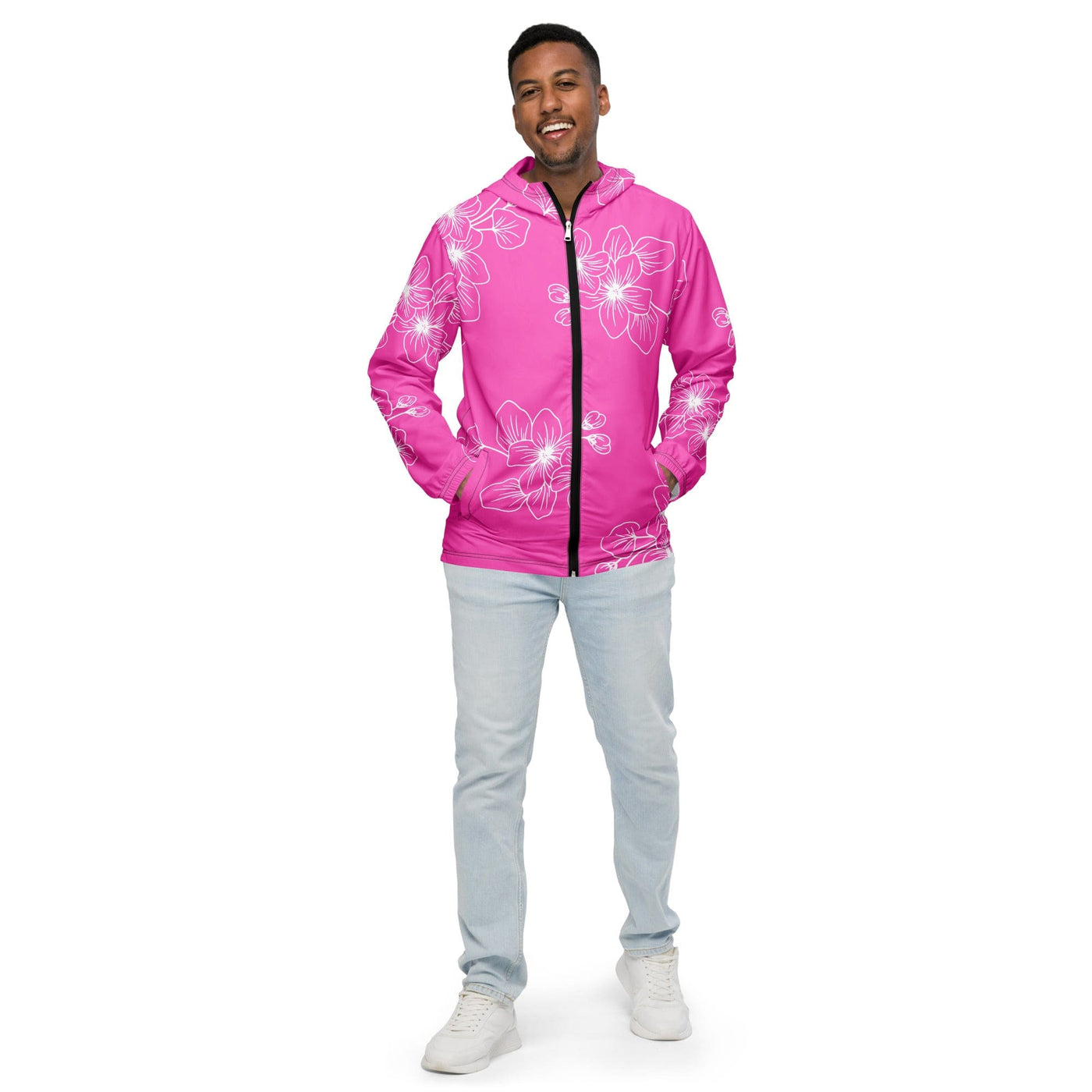 Mens Windbreaker Jacket With Hood Water-resistant Pink Floral Pattern