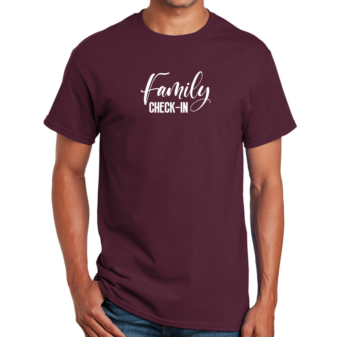 Mens Graphic T-Shirt Family Check-in Illustration - Maroon