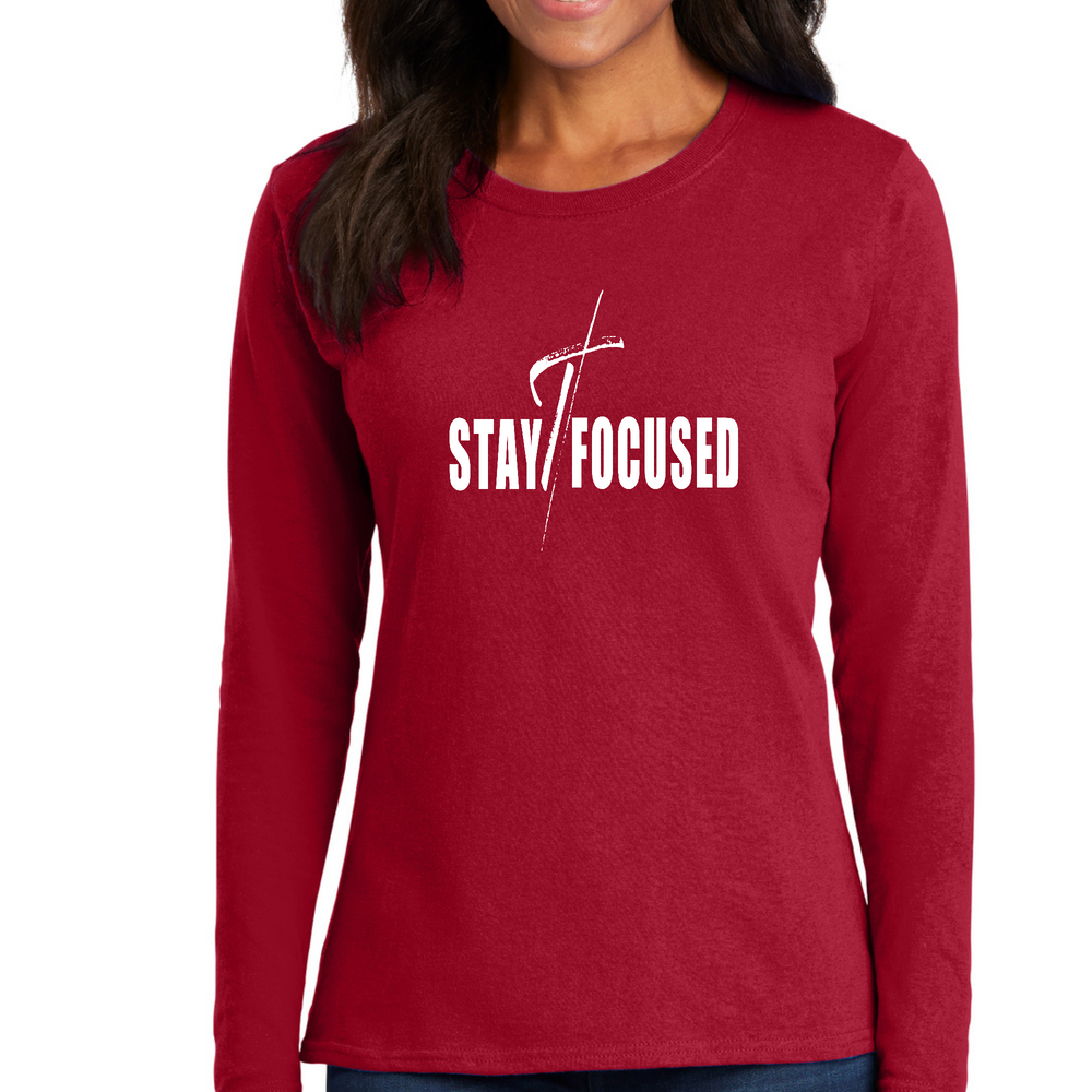 Womens Long Sleeve Graphic T-Shirt, Stay Focused White Print - Red