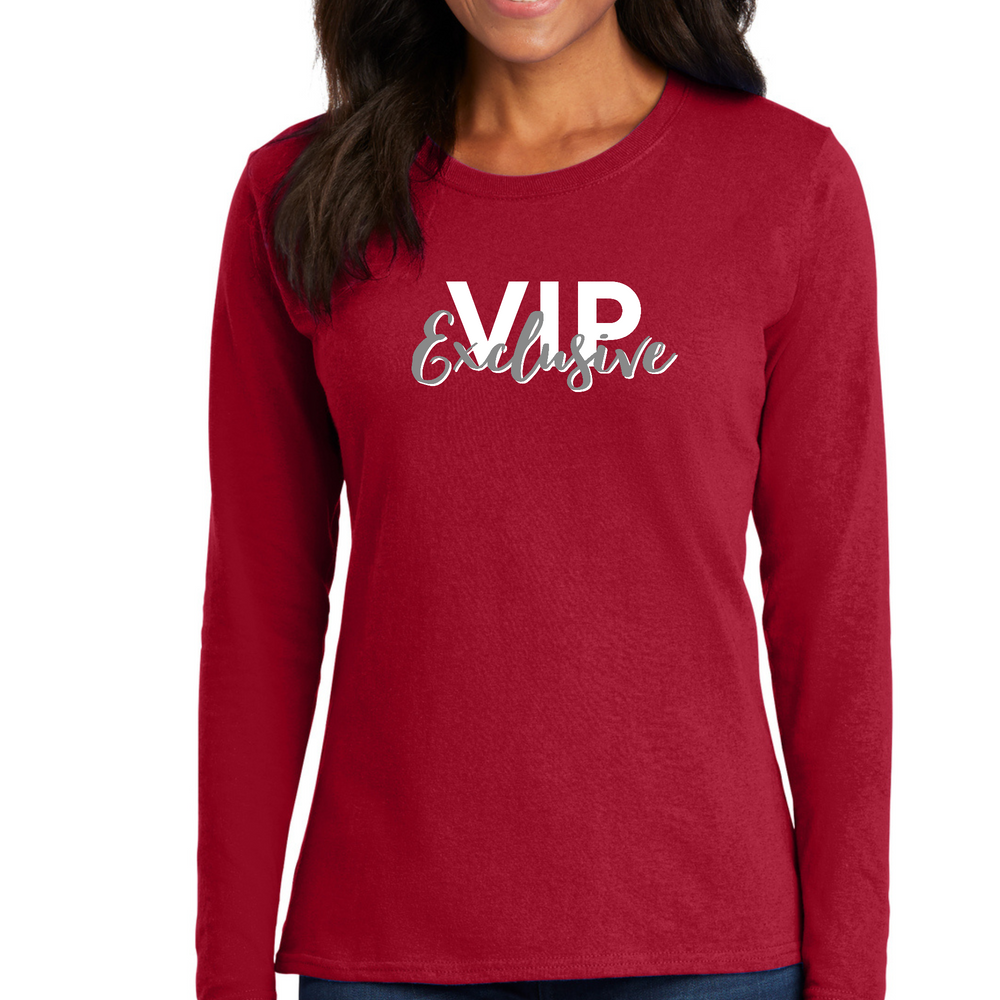 Womens Long Sleeve Graphic T-Shirt, VIP Exclusive Grey And White - - Red