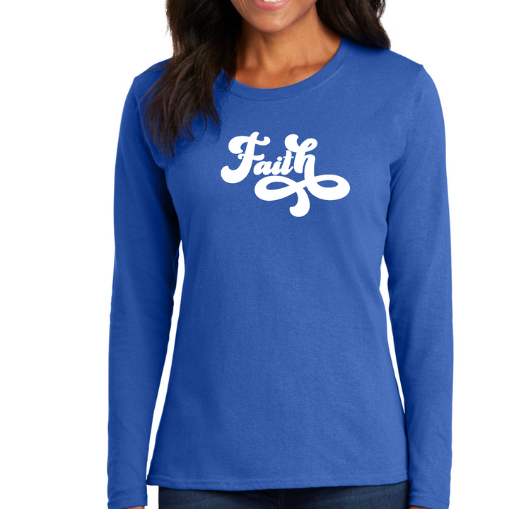 Womens Long Sleeve Graphic T-Shirt, Faith Script Illustration - Royal Blue