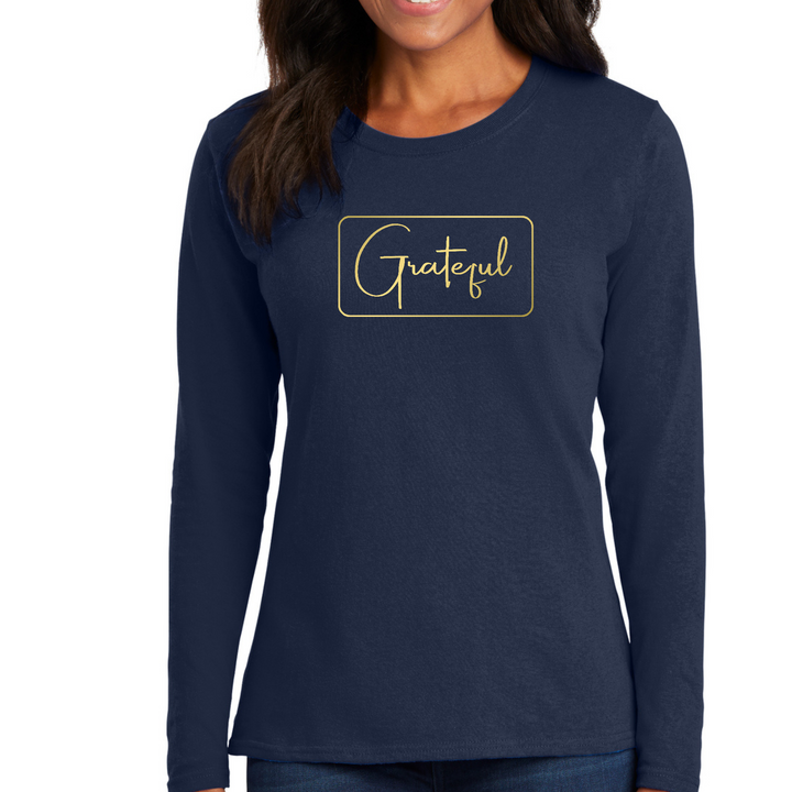 Womens Long Sleeve Graphic T-Shirt, Grateful, Metallic Gold - Navy