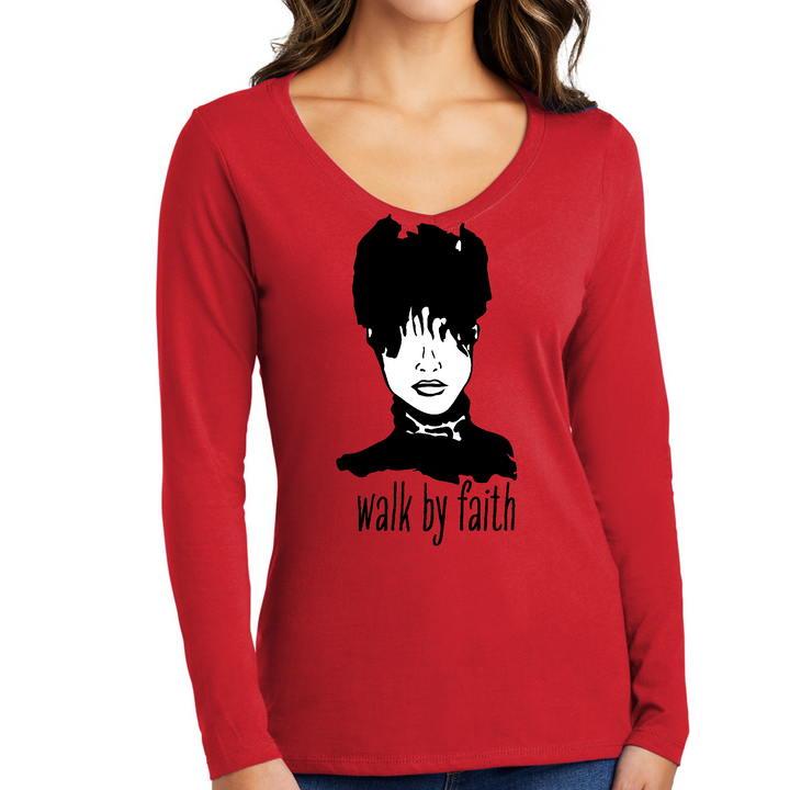Womens Long Sleeve V-Neck Graphic T-Shirt, Say It Soul, Walk By Faith - Red