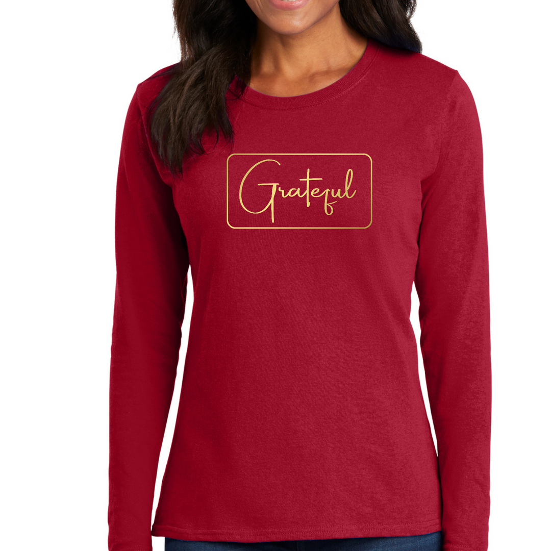 Womens Long Sleeve Graphic T-Shirt, Grateful, Metallic Gold - Red