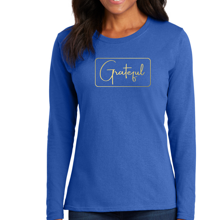 Womens Long Sleeve Graphic T-Shirt, Grateful, Metallic Gold - Royal Blue