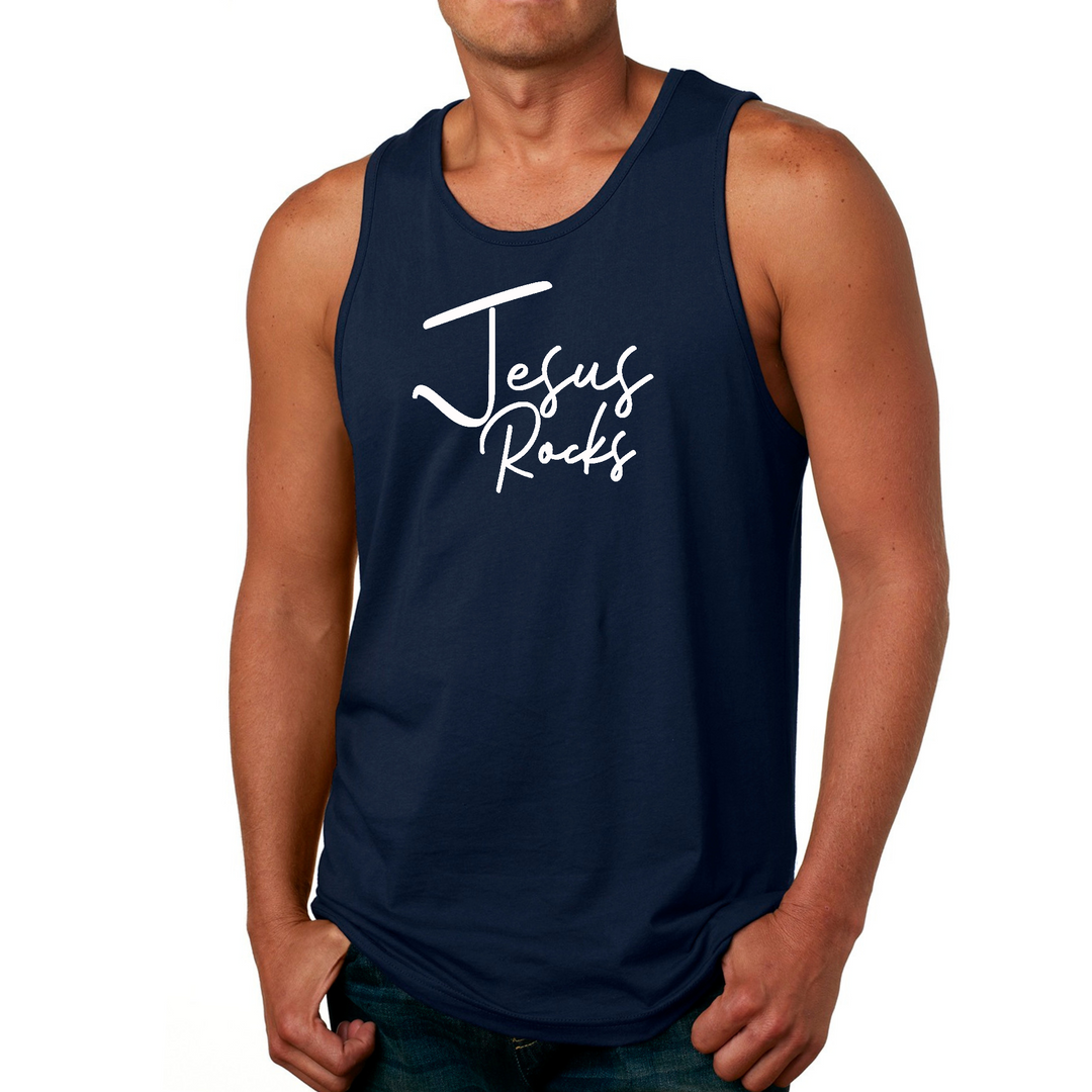 Mens Fitness Tank Top Graphic T-Shirt Jesus Rocks Print - Navy