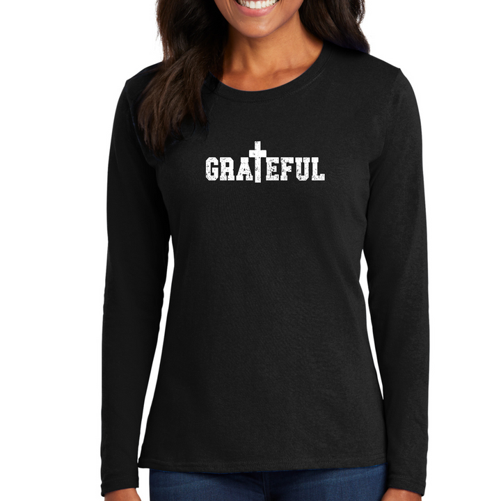 Womens Long Sleeve Graphic T-Shirt, Grateful Print - Black