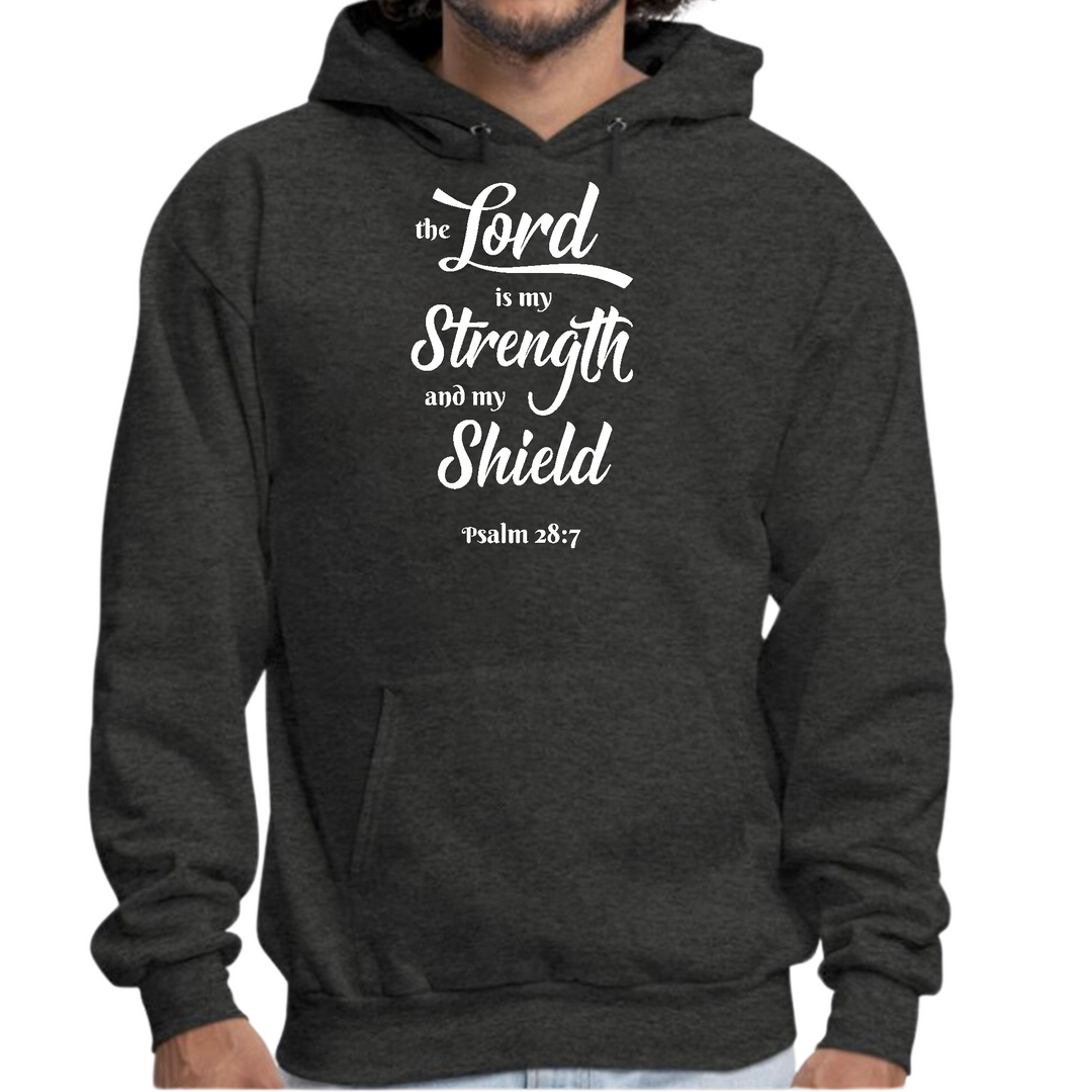 Mens Graphic Hoodie The Lord Is My Strength And My Shield White Print - Dark Grey Heather