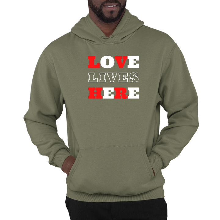 Mens Graphic Hoodie Love Lives Here Christian Inspiration - Military Green
