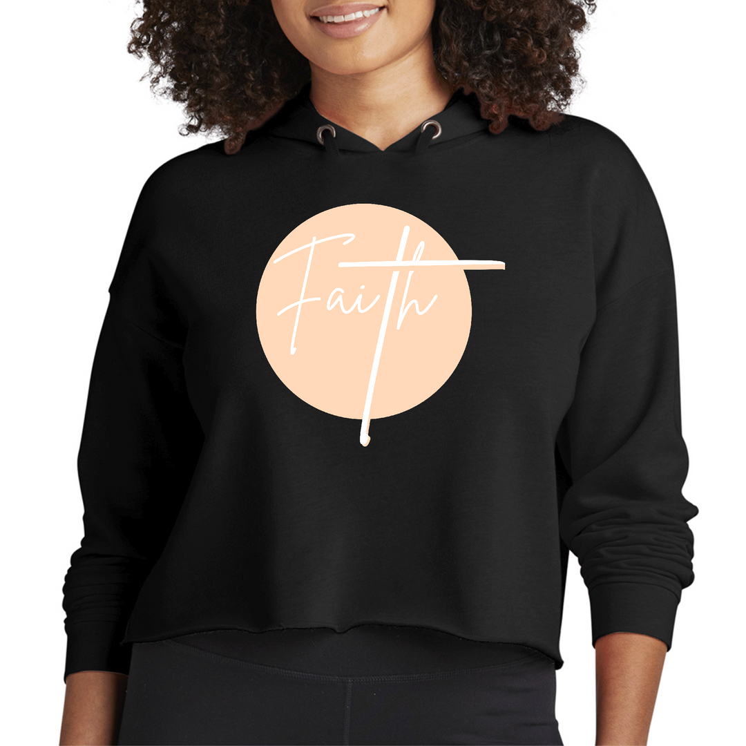 Womens Cropped Hoodie Faith  - Christian Affirmation - Peach And White - Black