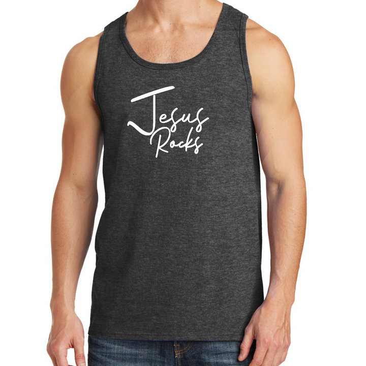 Mens Fitness Tank Top Graphic T-Shirt Jesus Rocks Print - Dark Grey Heather