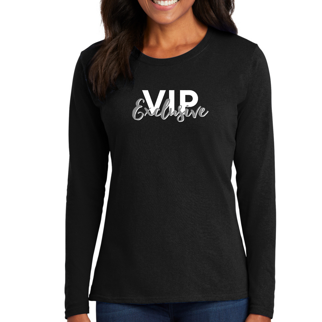 Womens Long Sleeve Graphic T-Shirt, VIP Exclusive Grey And White - - Black