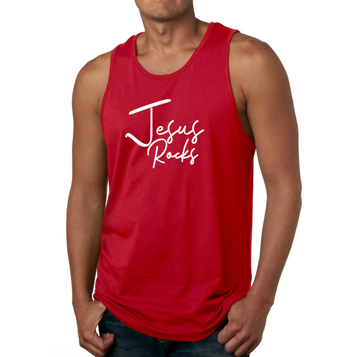 Mens Fitness Tank Top Graphic T-Shirt Jesus Rocks Print - Red
