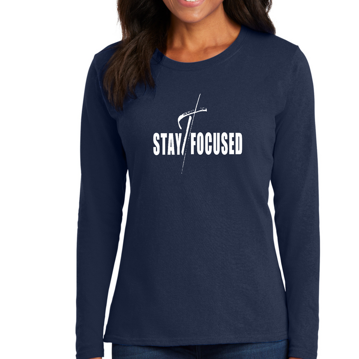 Womens Long Sleeve Graphic T-Shirt, Stay Focused White Print - Navy