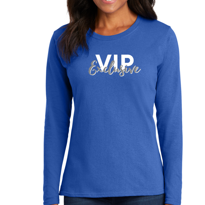 Womens Long Sleeve Graphic T-Shirt, VIP Exclusive Grey And White - - Royal Blue