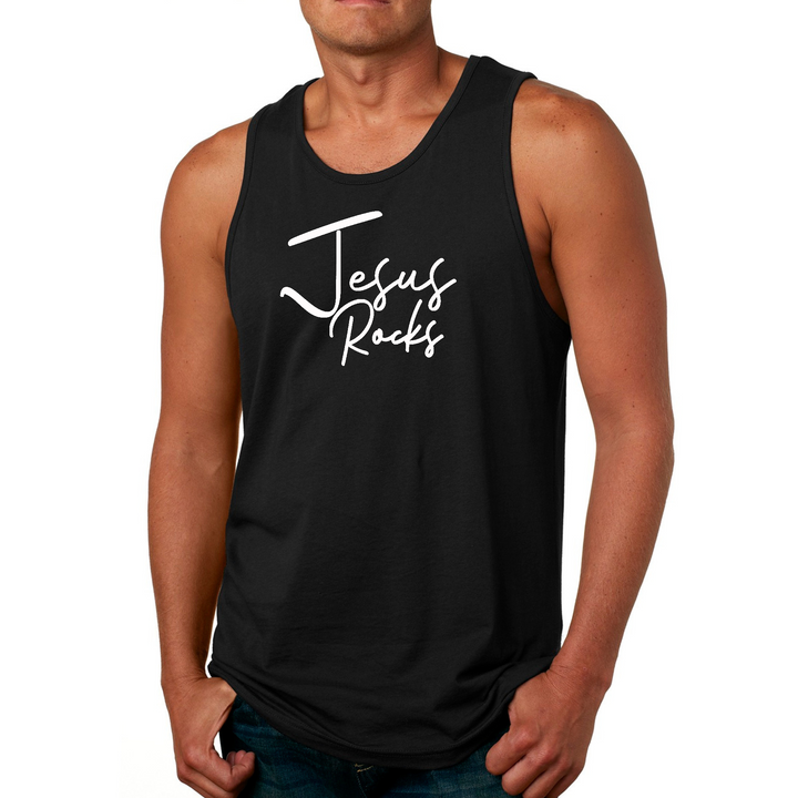 Mens Fitness Tank Top Graphic T-Shirt Jesus Rocks Print - Black