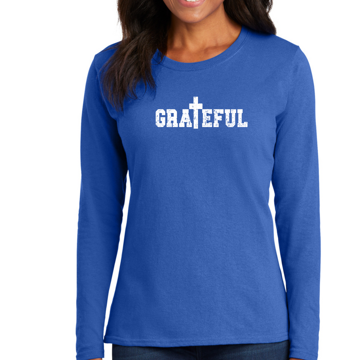 Womens Long Sleeve Graphic T-Shirt, Grateful Print - Royal Blue
