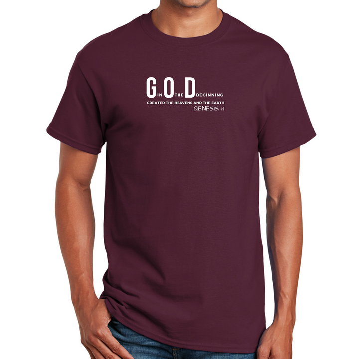 Mens Graphic T-Shirt God In The Beginning Print - Maroon