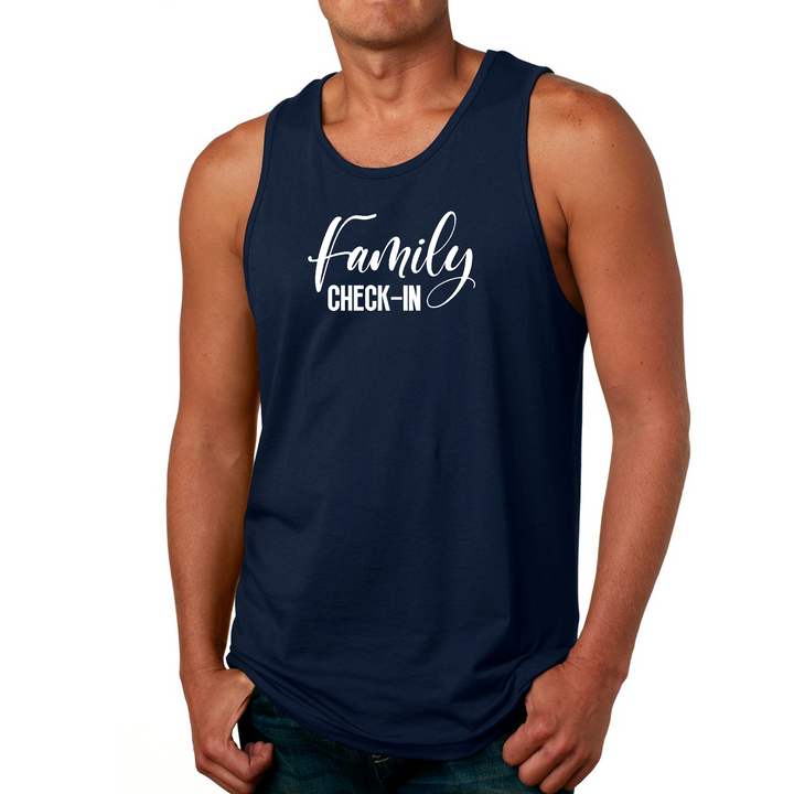 Mens Fitness Tank Top Graphic T-Shirt Family Check-in Illustration - Navy
