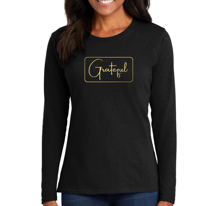 Womens Long Sleeve Graphic T-Shirt, Grateful, Metallic Gold - Black
