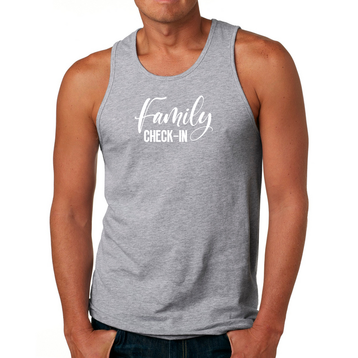 Mens Fitness Tank Top Graphic T-Shirt Family Check-in Illustration - Grey Heather