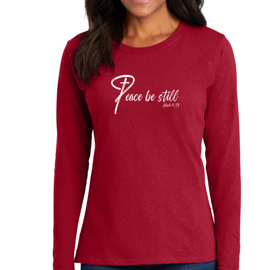 Womens Long Sleeve Graphic T-Shirt, Peace Be Still - Red