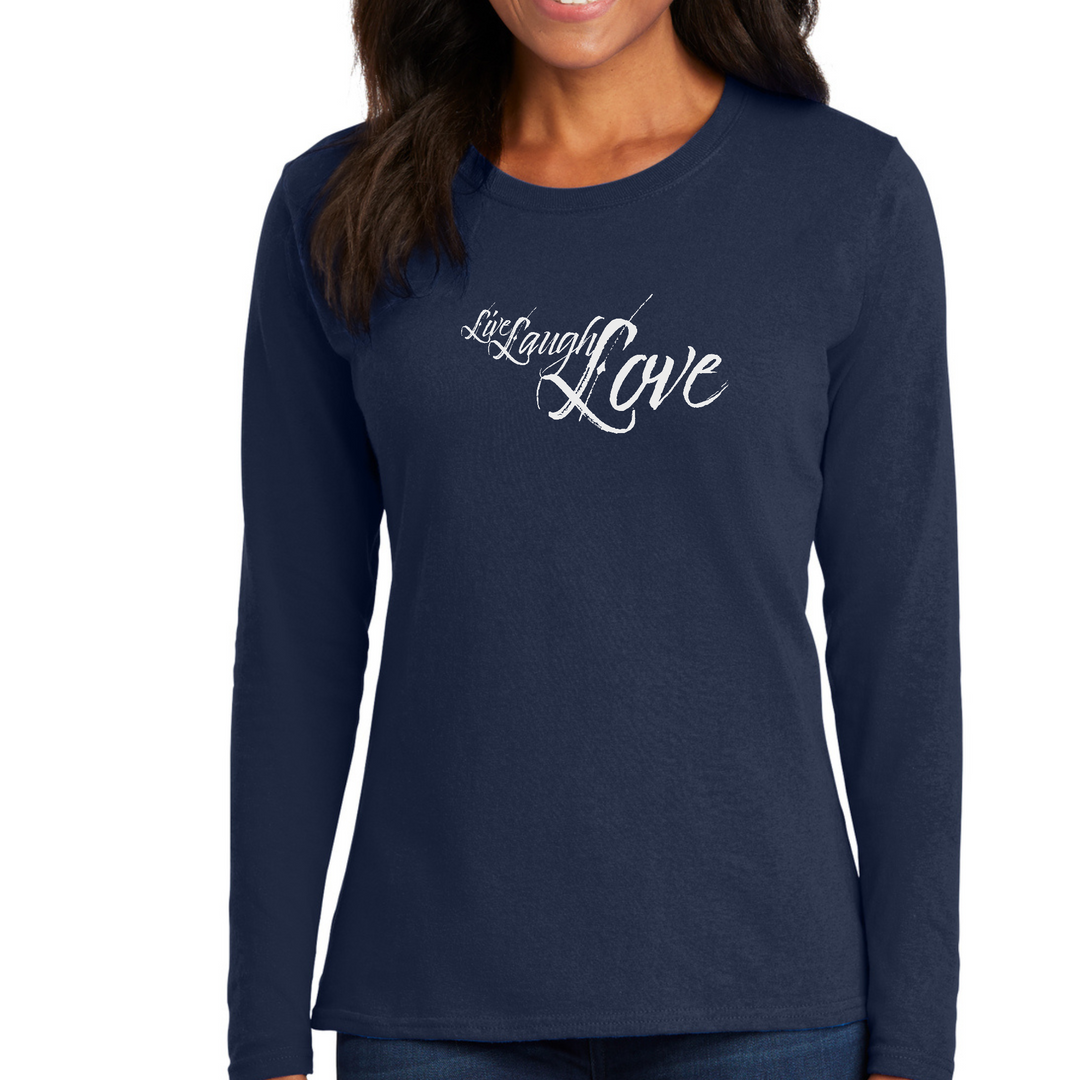 Womens Long Sleeve Graphic T-Shirt, Live Laugh Love Light Grey - Navy