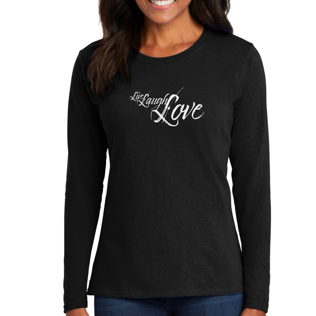 Womens Long Sleeve Graphic T-Shirt, Live Laugh Love Light Grey - Black