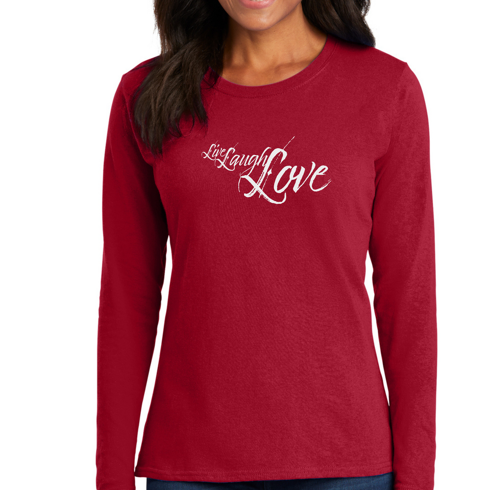 Womens Long Sleeve Graphic T-Shirt, Live Laugh Love Light Grey - Red