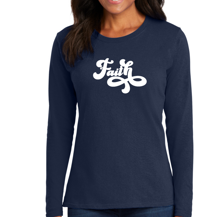 Womens Long Sleeve Graphic T-Shirt, Faith Script Illustration - Navy