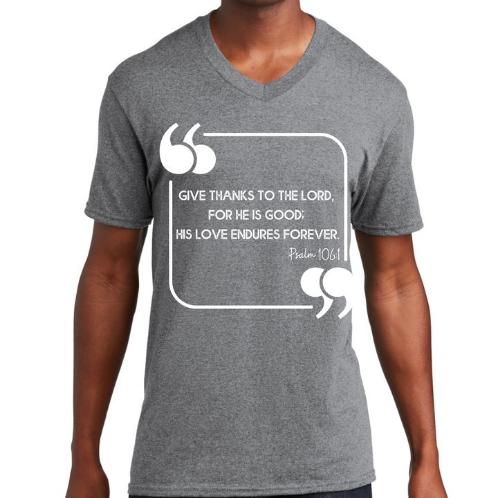 Mens Graphic V-Neck T-Shirt, Give Thanks To The Lord - Grey Heather