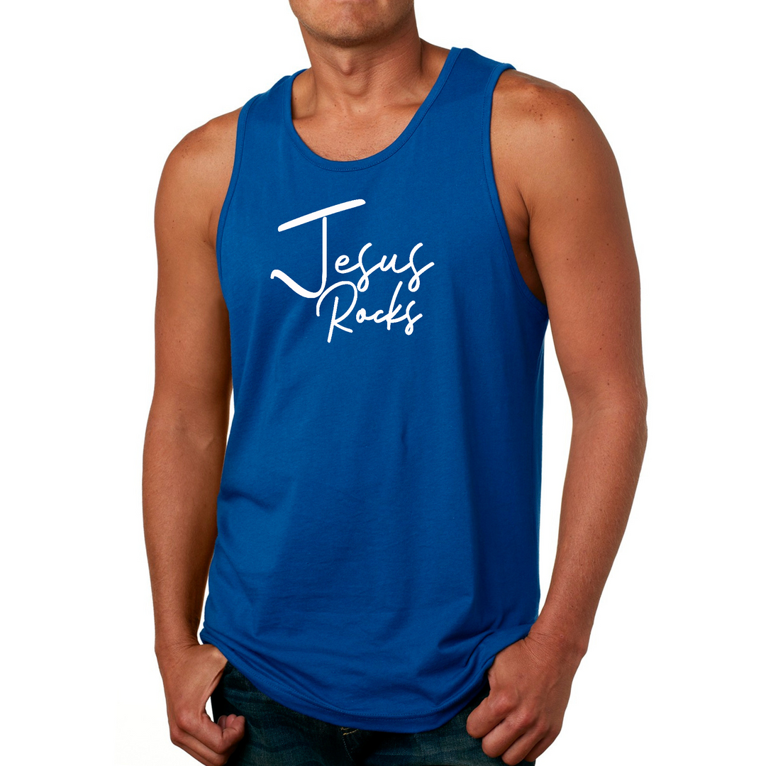 Mens Fitness Tank Top Graphic T-Shirt Jesus Rocks Print - Royal Blue