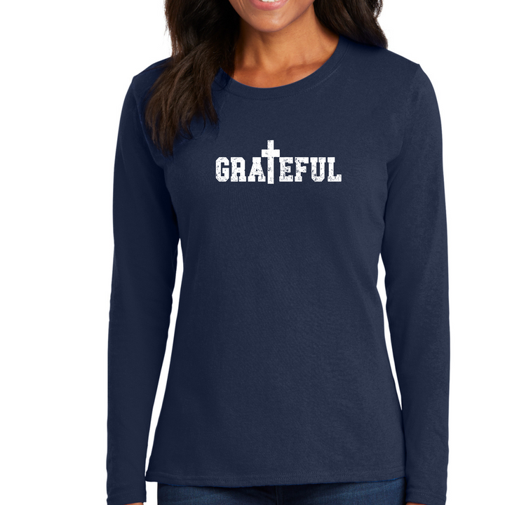 Womens Long Sleeve Graphic T-Shirt, Grateful Print - Navy