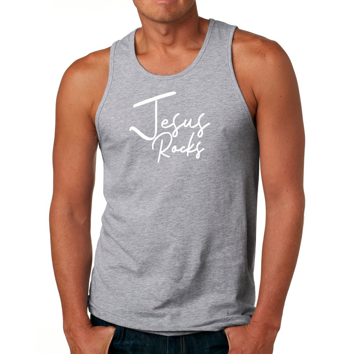 Mens Fitness Tank Top Graphic T-Shirt Jesus Rocks Print - Grey Heather