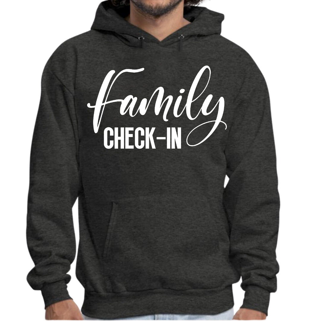 Mens Graphic Hoodie Family Check-in Illustration - Dark Grey Heather