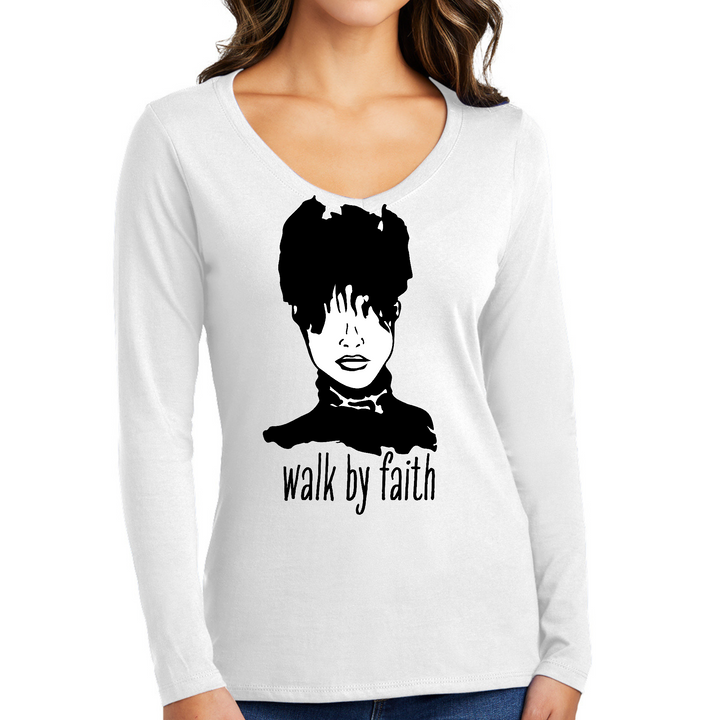 Womens Long Sleeve V-Neck Graphic T-Shirt, Say It Soul, Walk By Faith - White