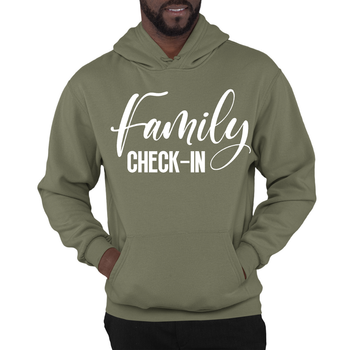 Mens Graphic Hoodie Family Check-in Illustration - Military Green