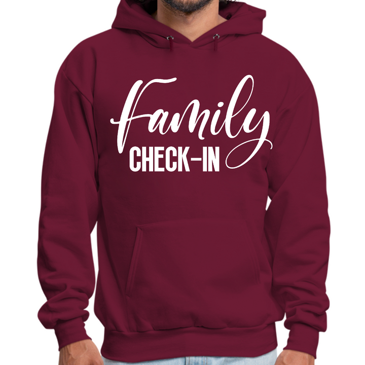 Mens Graphic Hoodie Family Check-in Illustration - Maroon
