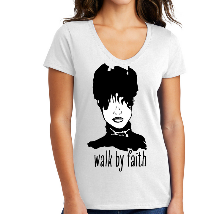Womens V-Neck Graphic T-Shirt, Say It Soul, Walk By Faith - White