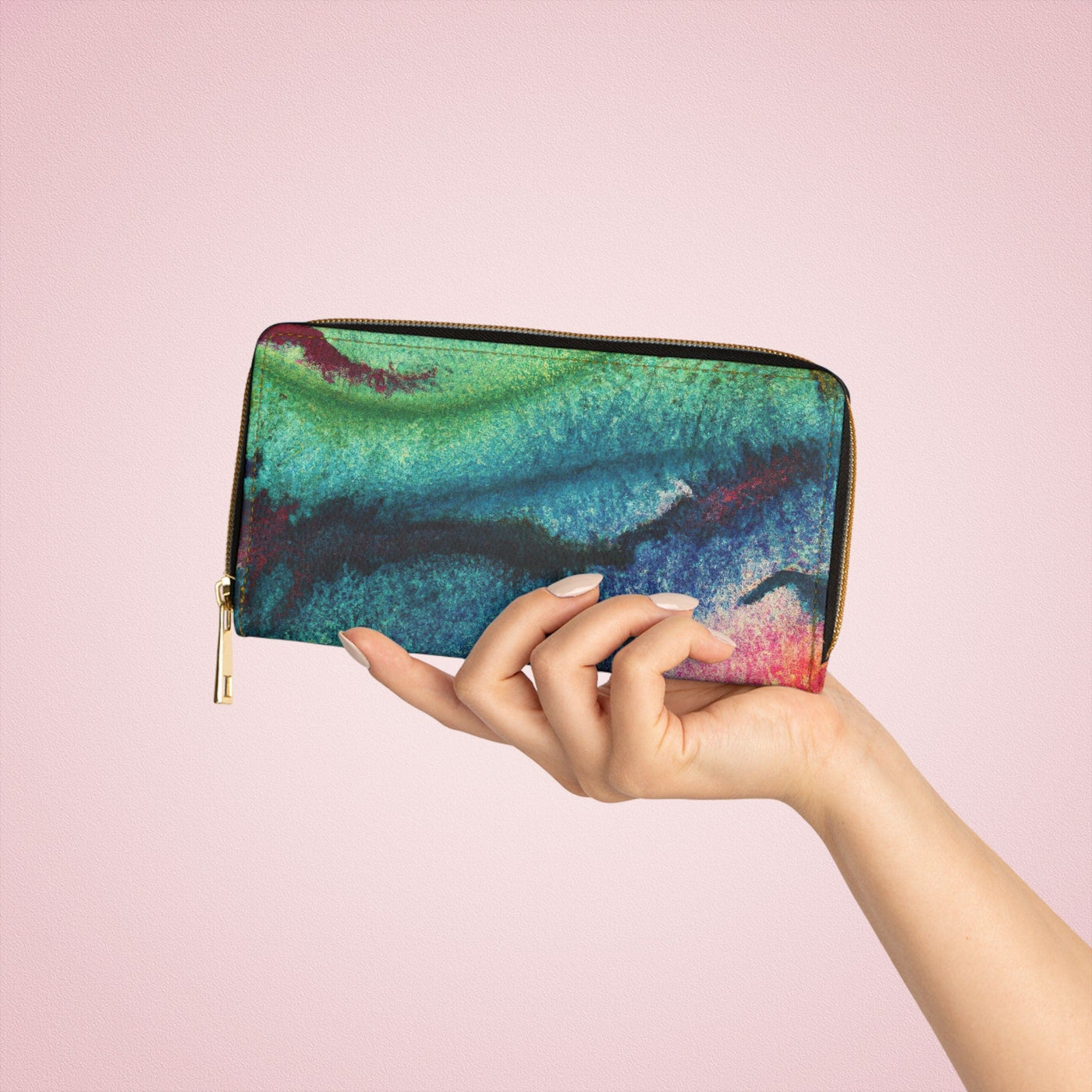 Multicolor Watercolor Abstract Print Womens Zipper Wallet Clutch Purse - Bags