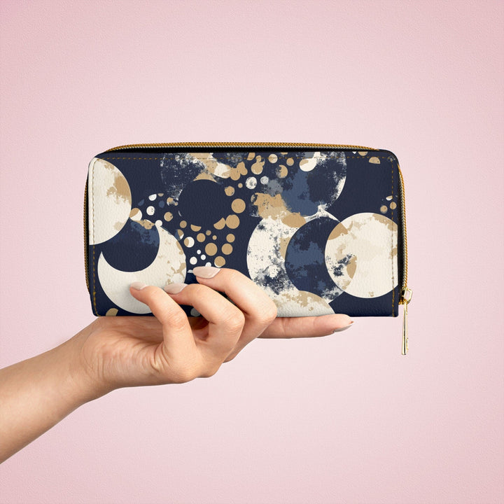 Navy Blue and Beige Spotted Illustration Womens Zipper Wallet Clutch Purse