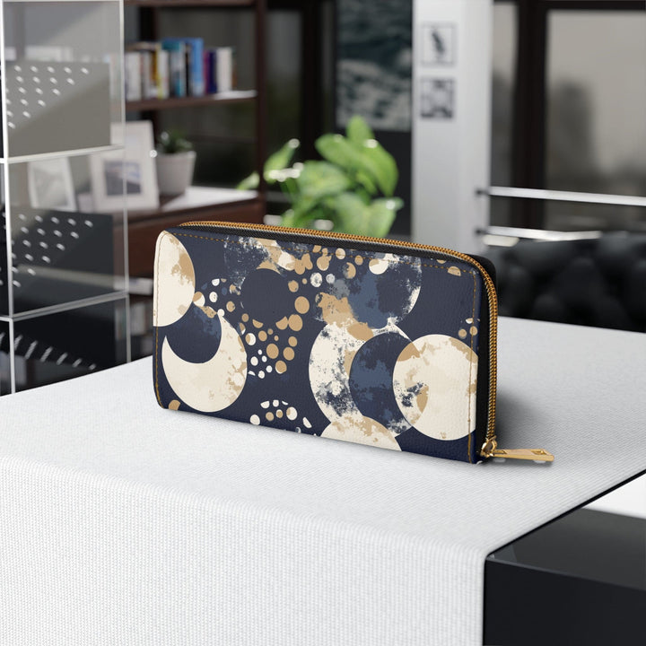 Navy Blue and Beige Spotted Illustration Womens Zipper Wallet Clutch Purse