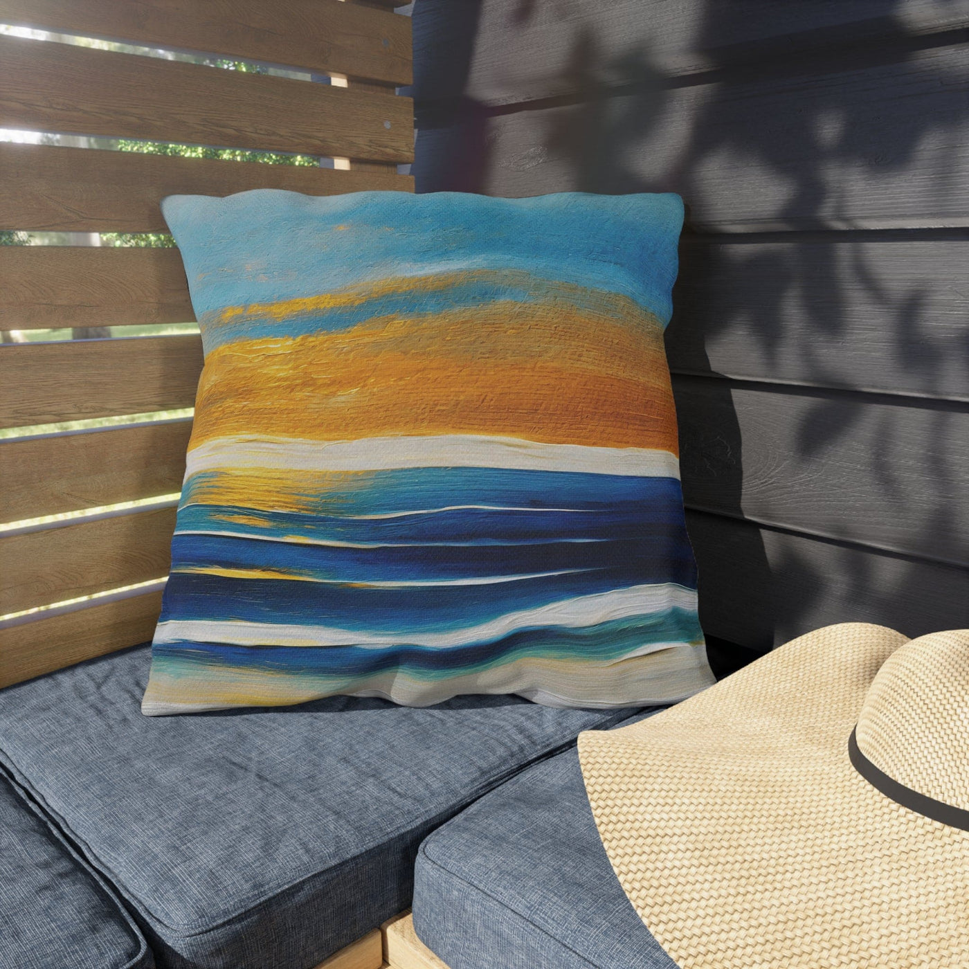 Outdoor Throw Pillow Blue Ocean Golden Sunset - Home Decor