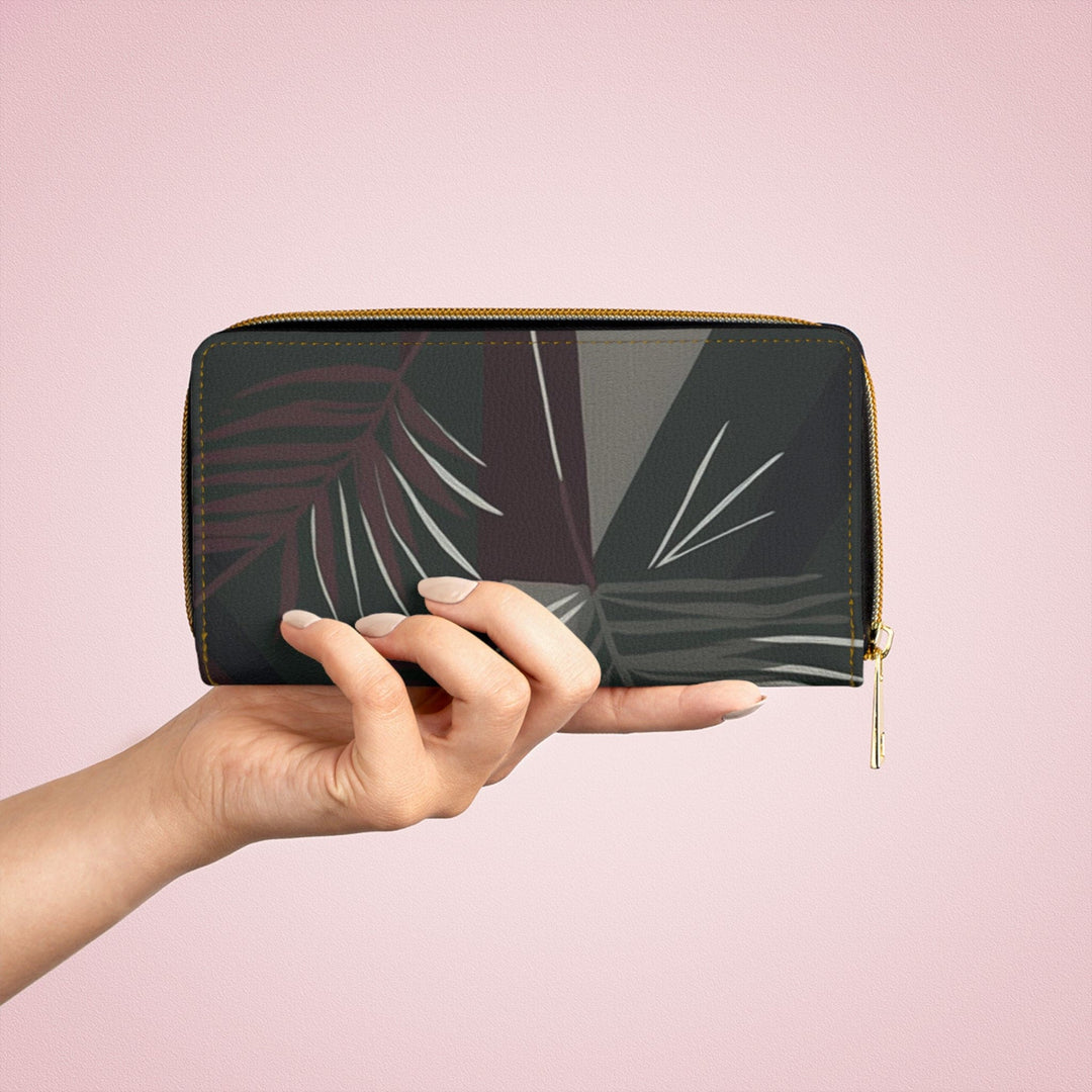 Palm Tree Leaves Maroon Green Background Minimalist Art Womens Zipper Wallet