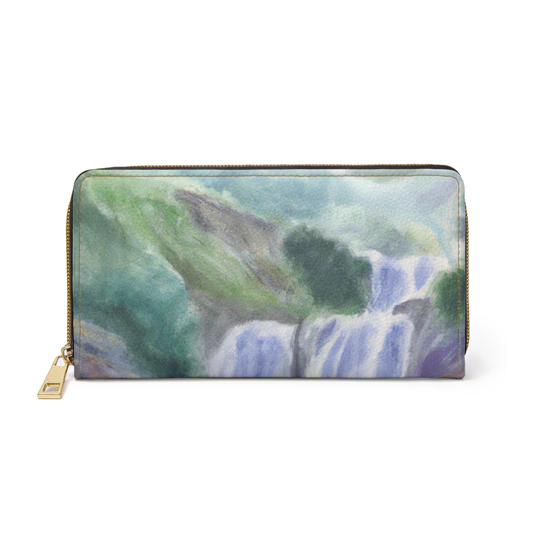 Purple Watercolor Waterfall Green Landscape Nature Print Womens Zipper Wallet