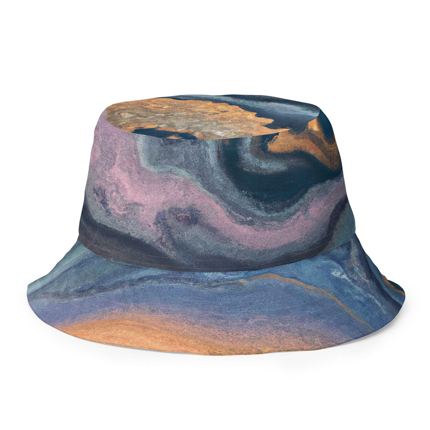 Reversible Bucket Hat Blue Pink Gold Abstract Marble Swirl Pattern - Unisex