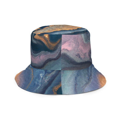 Reversible Bucket Hat Blue Pink Gold Abstract Marble Swirl Pattern - Unisex
