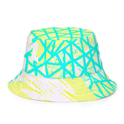 Reversible Bucket Hat Cyan Blue Lime Green And White Pattern - Unisex / Bucket