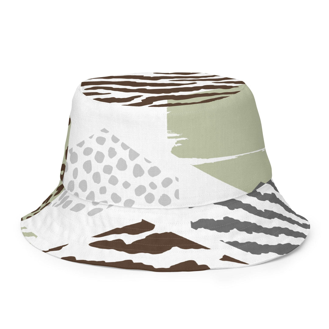 Reversible Bucket Hat Brown Green Grey Geometric Hexagon Print - Unisex