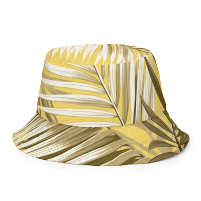 Reversible Bucket Hat White Brown Palm Leaves - Unisex / Bucket Hats